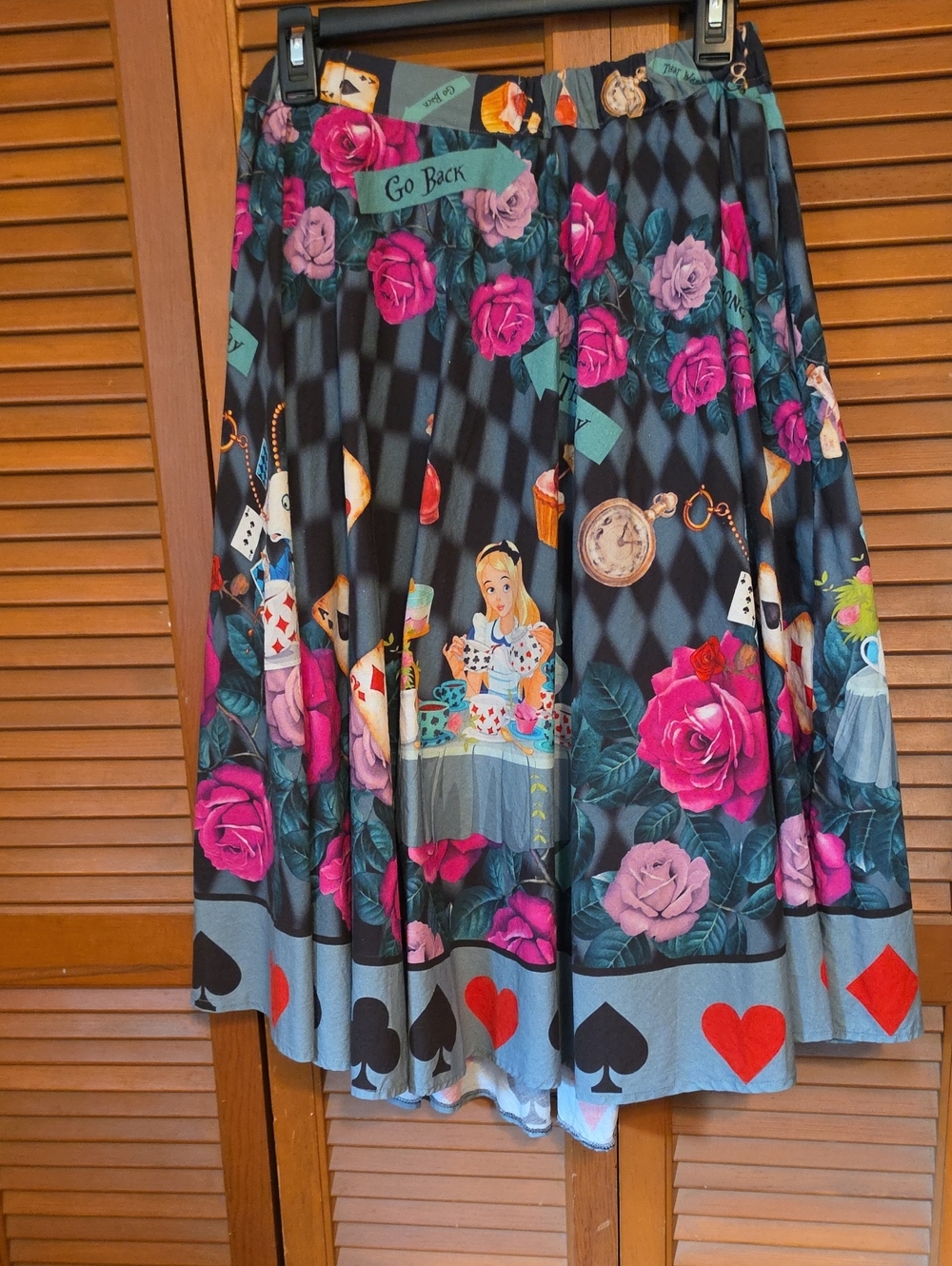 Hand Made Alice in Wonderland Floral Print Midi Skirt - Black & Pink W/pockets